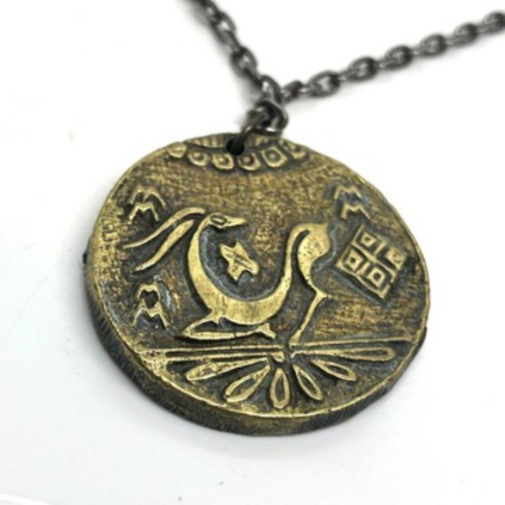 VINTAGE MEDALLION NECKLACE Brass Ancient Coin Mythology Boho Statement